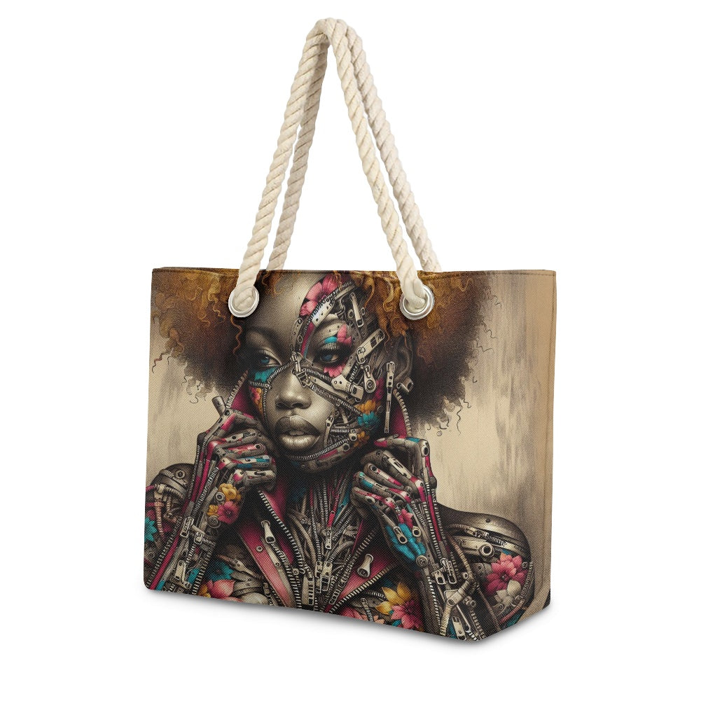 Hemp Rope Tote Bag - Velvet's View - Mechanical Muse - The Fusion of Fashion and Futurism