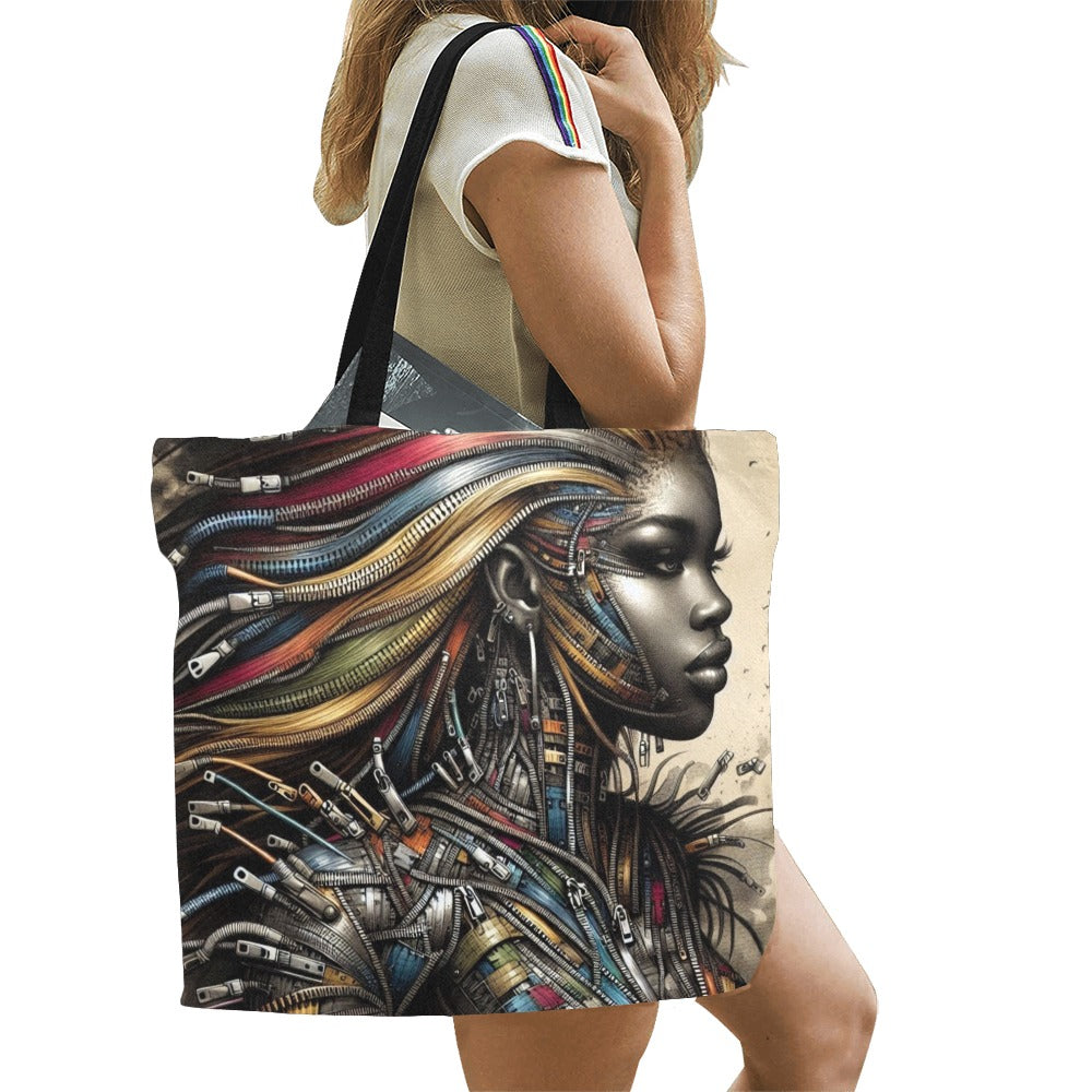 All Over Print Canvas Tote Bag/Large - Velvet's View - Mechanical Muse - The Fusion of Fashion and Futurism - (Model 1699)