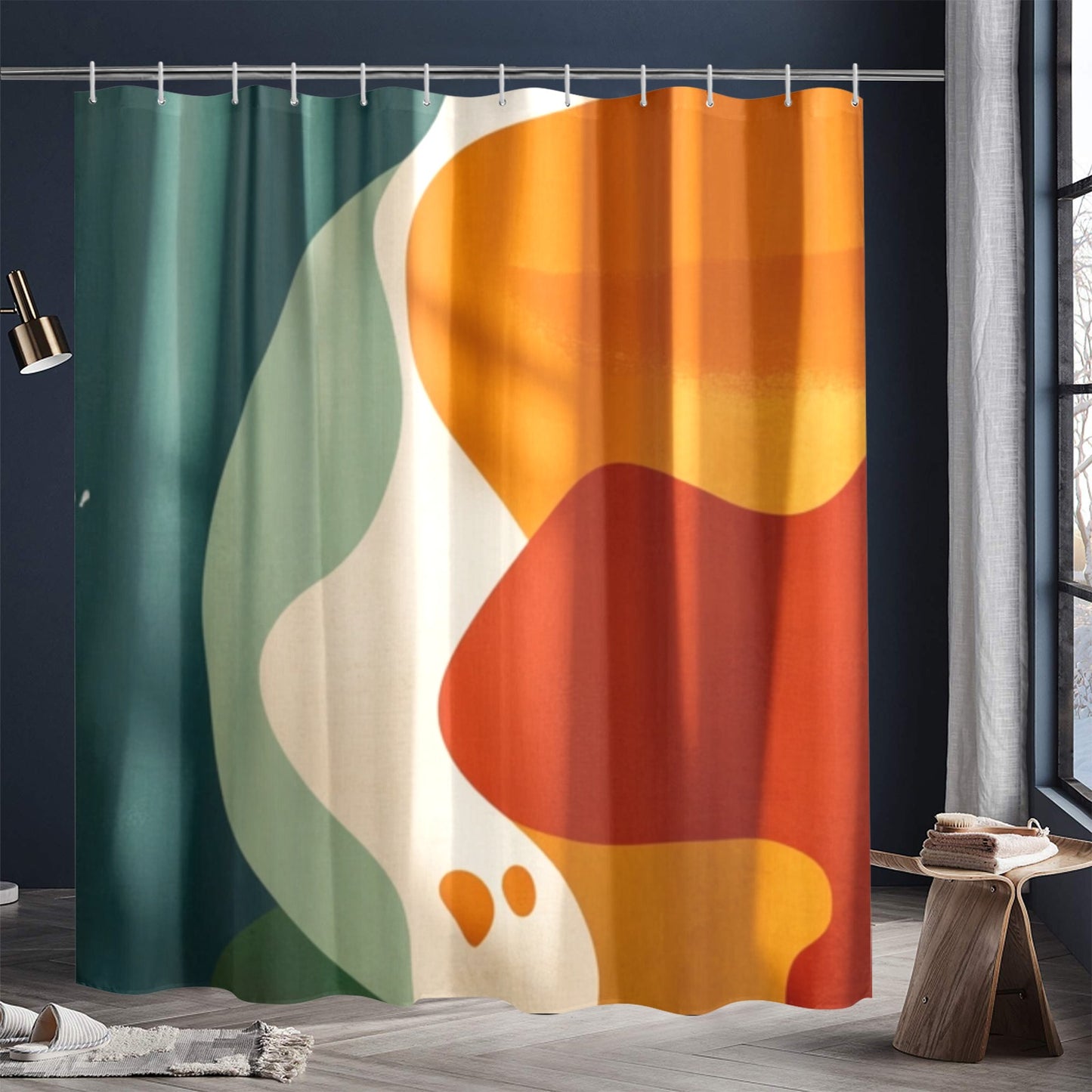 Retro Floral Bathroom Decor Set | Boho Abstract Shower Curtain, Towels & Wall Art | Mid Century Modern Bath Mat | Earth Tone Bathroom Collection - Shower Curtain 72"x84"