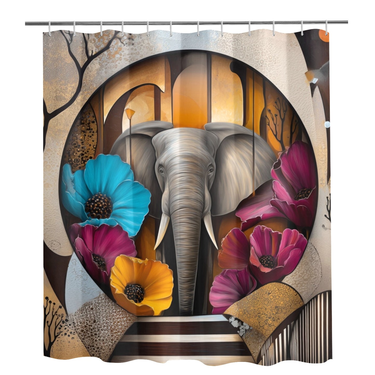Elephant Art Shower Curtain & Bathroom Decor Set – Bold African Inspired Wildlife, Floral Jungle Theme, Elegant Boho Bathroom Accessories - Bath Rug 20''x 32'' - C326585