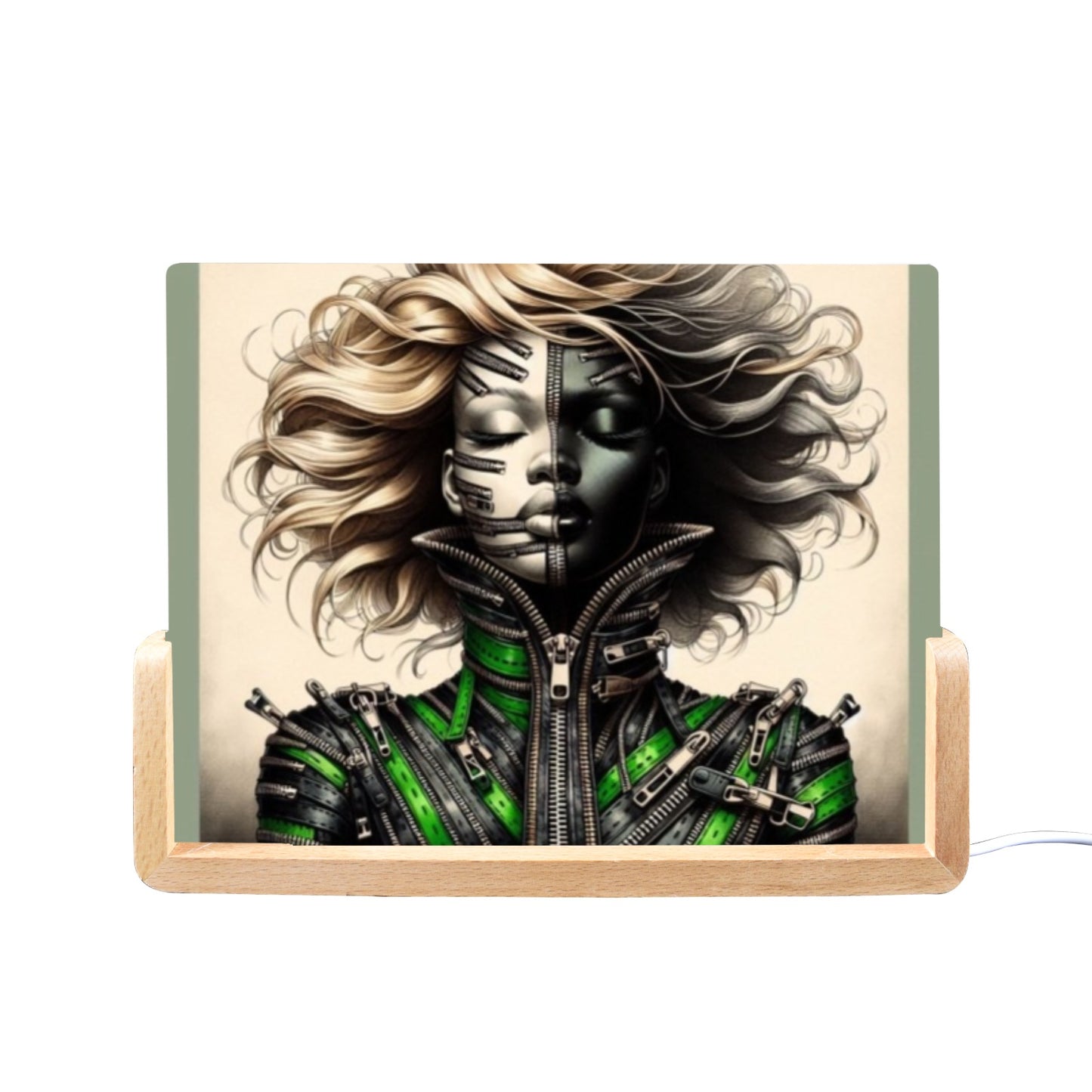 Acrylic Photo Night Light - Velvet's View - Mechanical Muse - The Fusion of Fashion and Futurism Collection - 8"x6"(U-Shaped Beech Base)