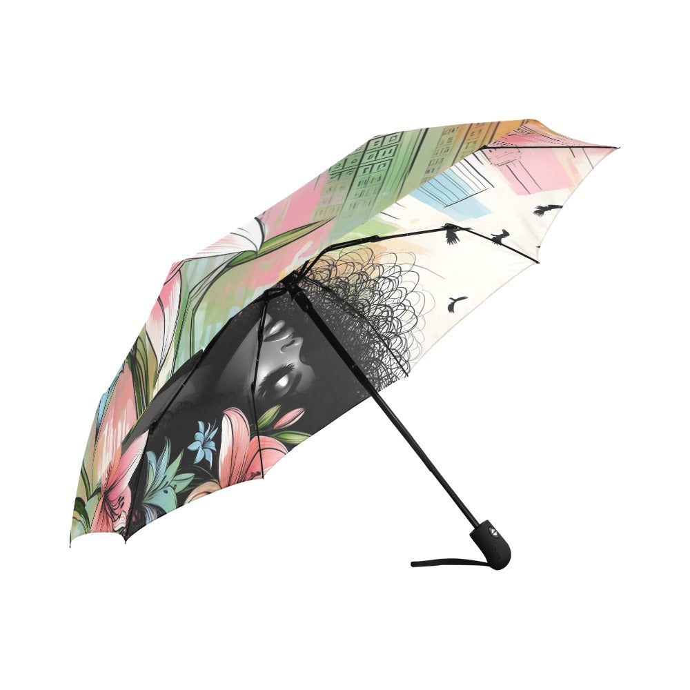 Urban Blossoms: Vibrant Cityscapes and Floral Dreams – Collection - Auto-Foldable Umbrella (Model U04) - #2011