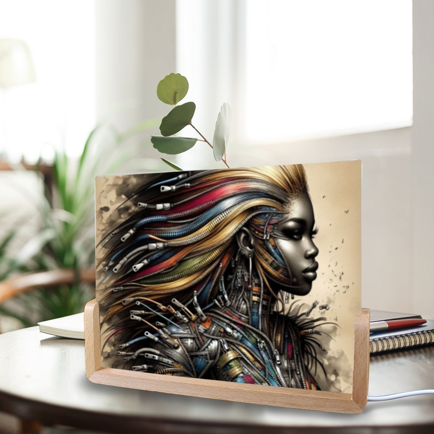 Acrylic Photo Night Light - Velvet's View - Mechanical Muse - The Fusion of Fashion and Futurism Collection - 8"x6"(U-Shaped Beech Base)