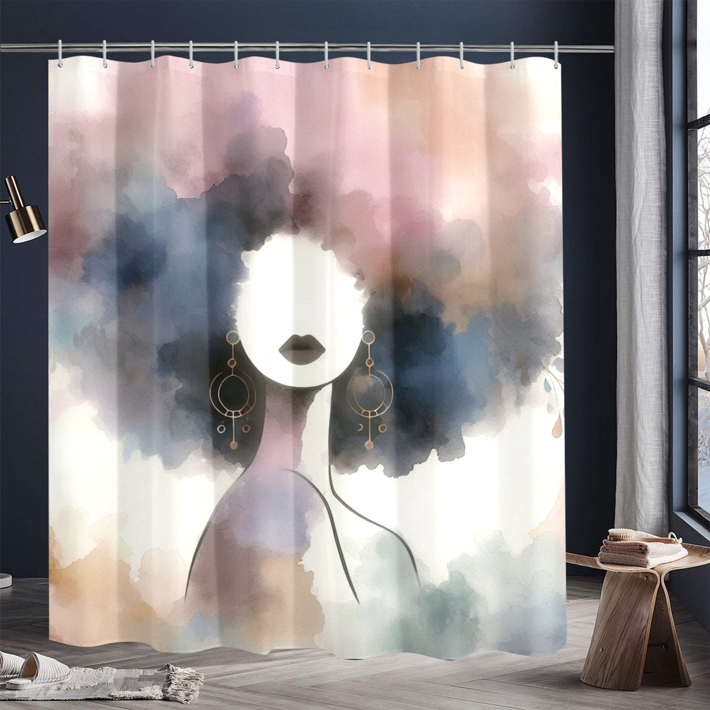 Afro Watercolor Shower Curtain Collection – Black Woman Silhouette Art for Bathroom Décor - 18179854