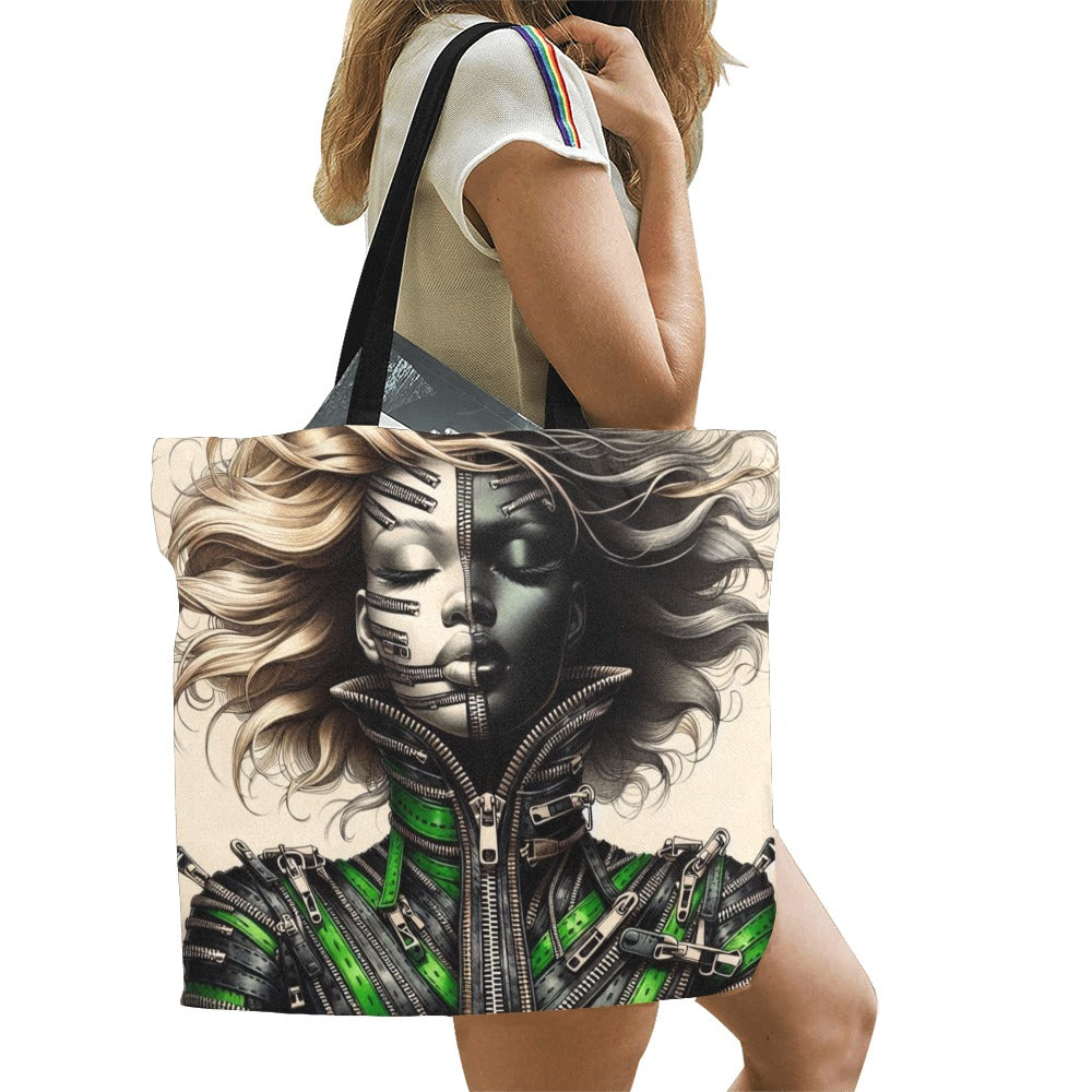 All Over Print Canvas Tote Bag/Large - Velvet's View - Mechanical Muse - The Fusion of Fashion and Futurism - (Model 1699)
