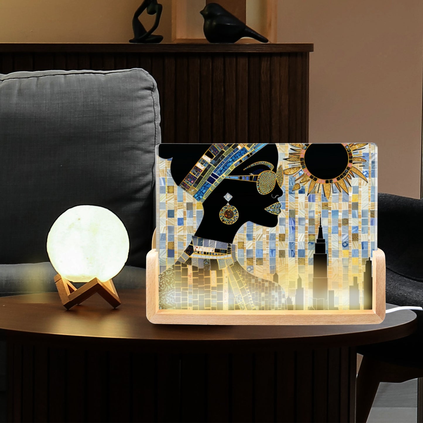 Acrylic Photo Night Light - Black Girl Art - Velvet's View - Urban Elegance - Illuminated in Color Collection - 8"x6"(U-Shaped Beech Base)
