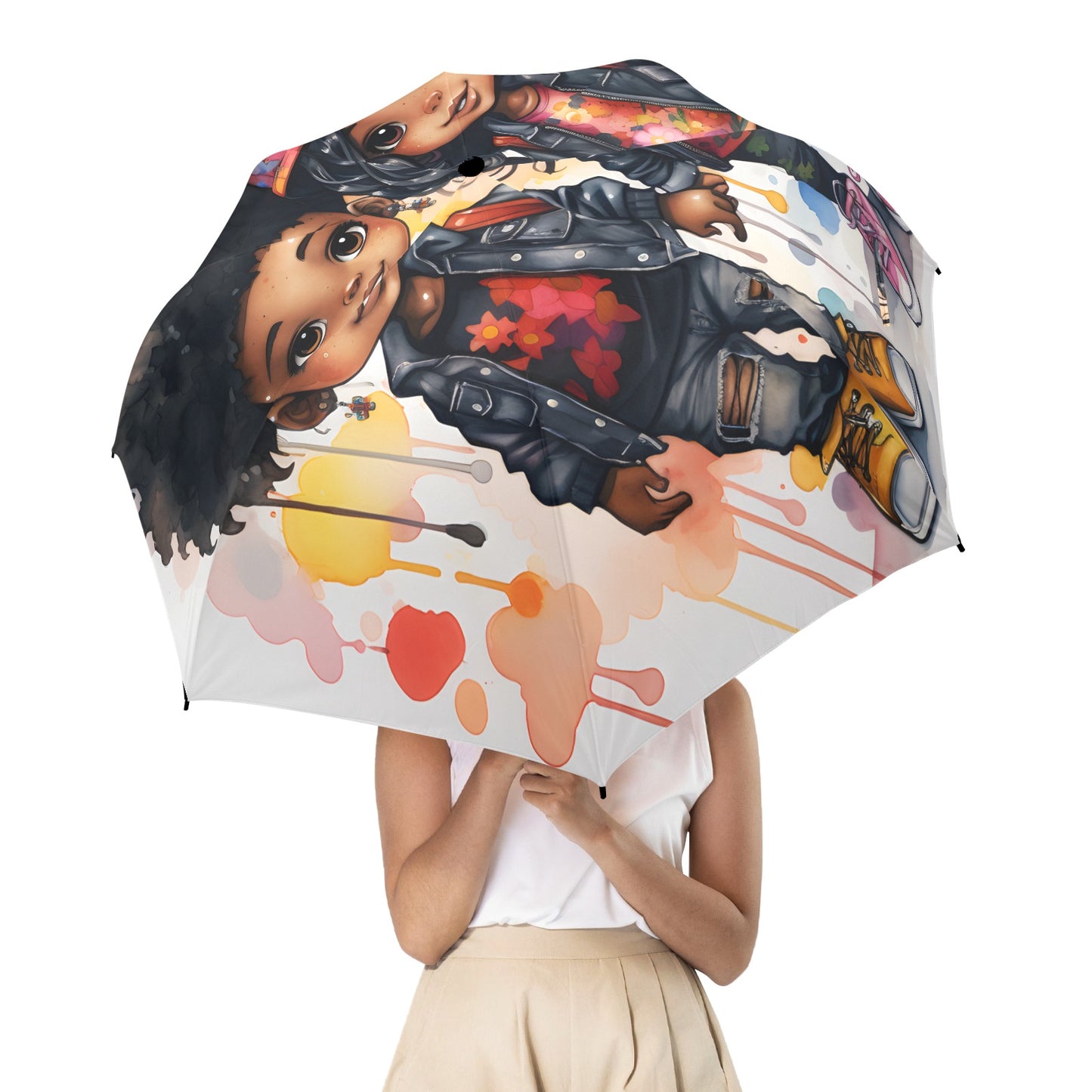 Semi-Automatic Foldable Umbrella - Black Girl Art - Velvet's View - Whimsical Kool Kids Collection - (Model U12)