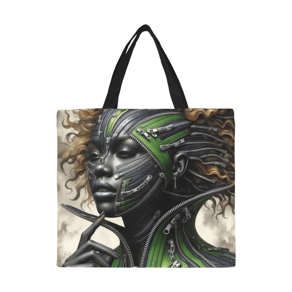 All Over Print Canvas Tote Bag/Large - Velvet's View - Mechanical Muse - The Fusion of Fashion and Futurism - (Model 1699)