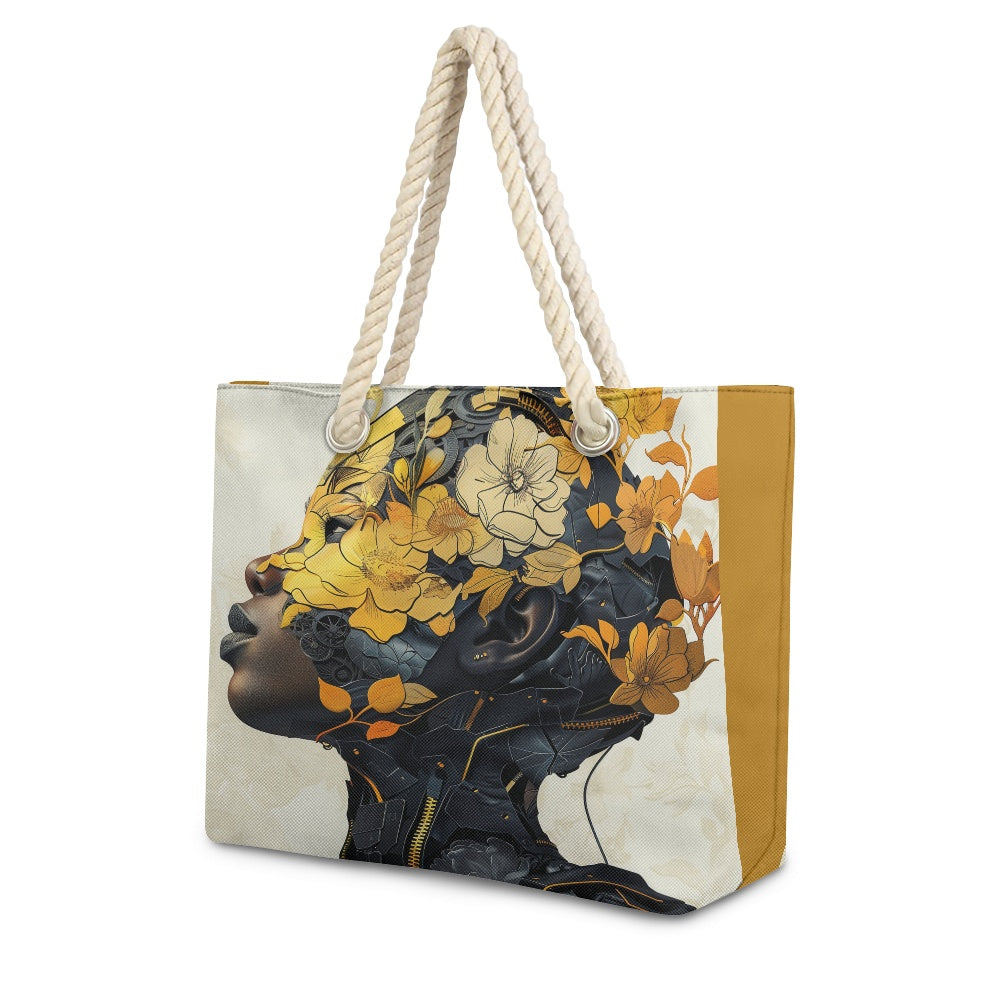 Blossom of the Machine: A Harmonious Fusion of Nature and Technology - Hemp Rope Tote Bag - #2011