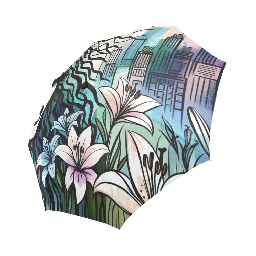 Urban Blossoms: Vibrant Cityscapes and Floral Dreams – Collection - Auto-Foldable Umbrella (Model U04) - #2012