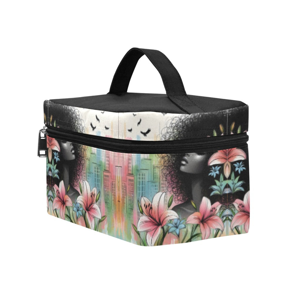 Cosmetic Bag/Large - Velvet's View - Urban Blossoms - Vibrant Cityscapes and Floral Dreams Collection - (Model 1658)