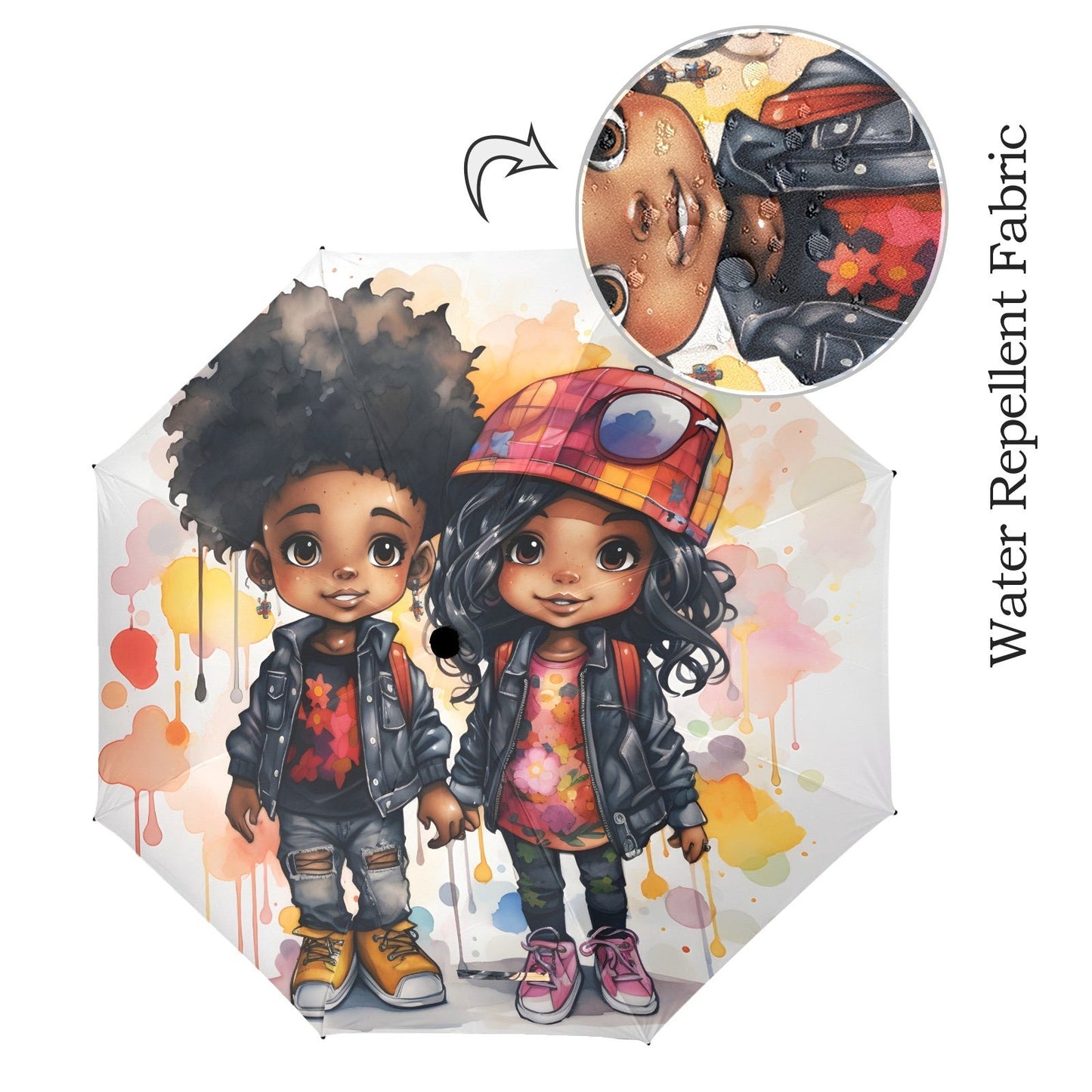 Semi-Automatic Foldable Umbrella - Black Girl Art - Velvet's View - Whimsical Kool Kids Collection - (Model U12)