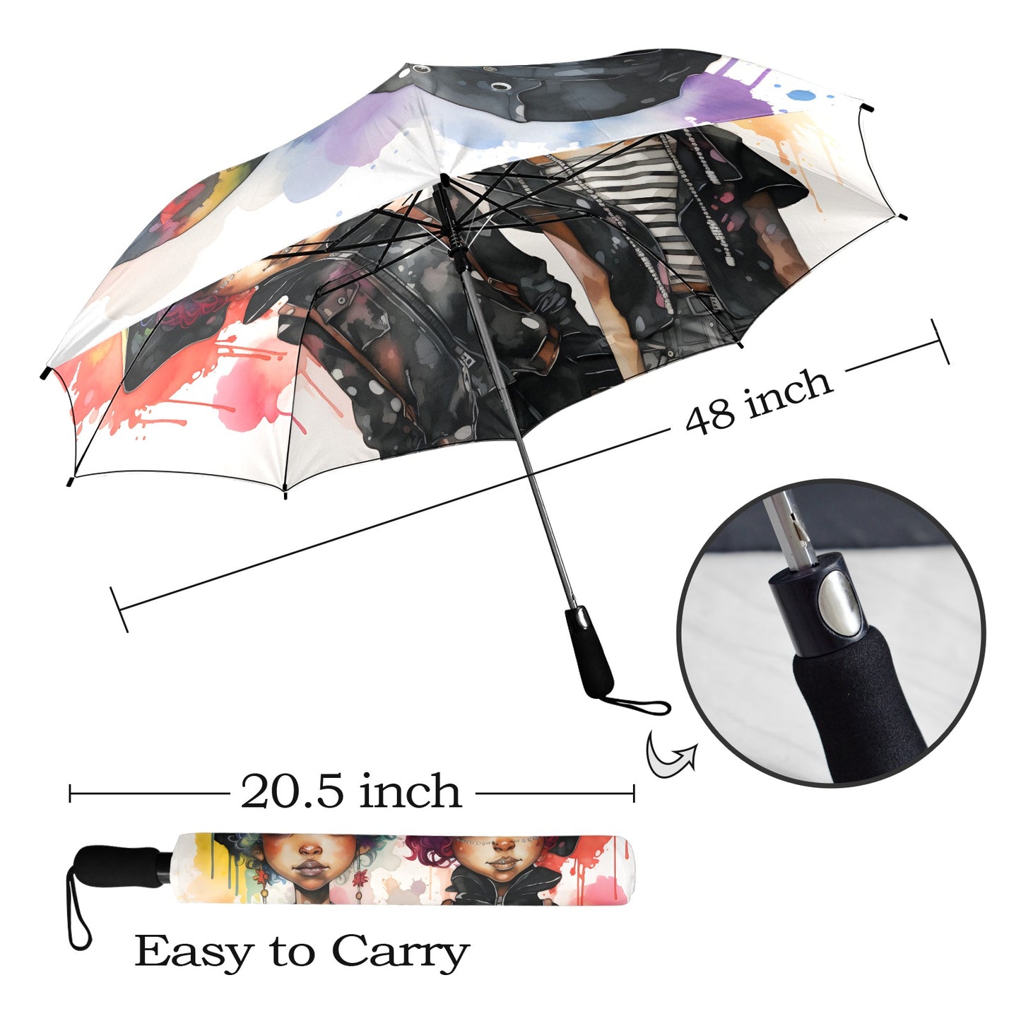 Semi-Automatic Foldable Umbrella - Black Girl Art - Velvet's View - Whimsical Kool Kids Collection - (Model U12)