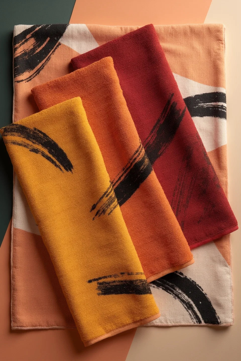 Modern Geometric Bathroom Set | Gold & Red Abstract Shower Curtain | Bold Afro-Inspired Bath Décor - Square Towel 13“x13” – L539380