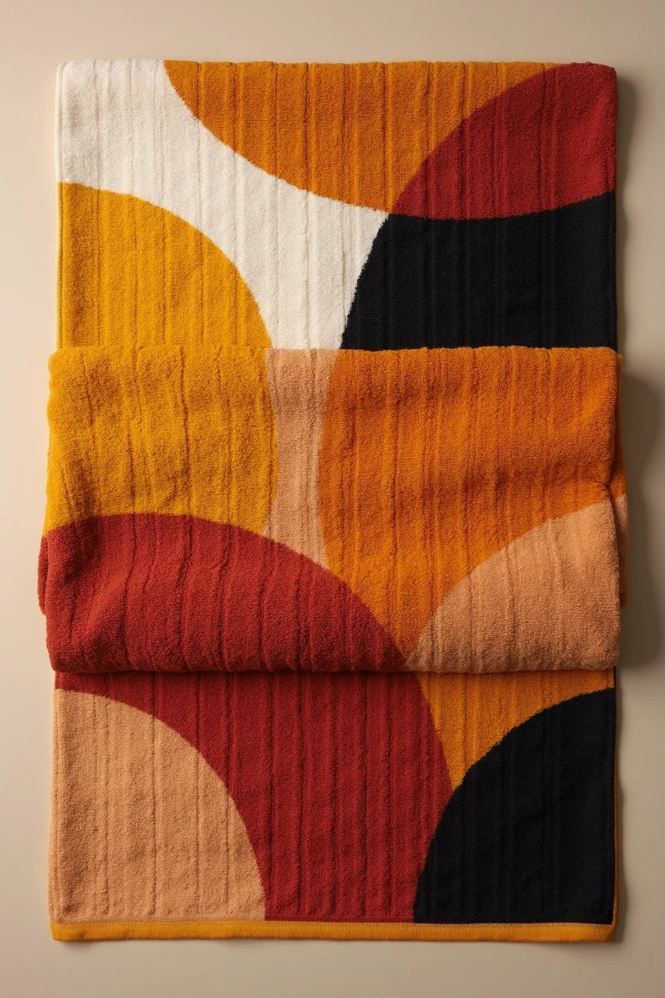 Modern Geometric Bathroom Set | Gold & Red Abstract Shower Curtain | Bold Afro-Inspired Bath Décor – Bath Rug 20''x 32'' – K239500