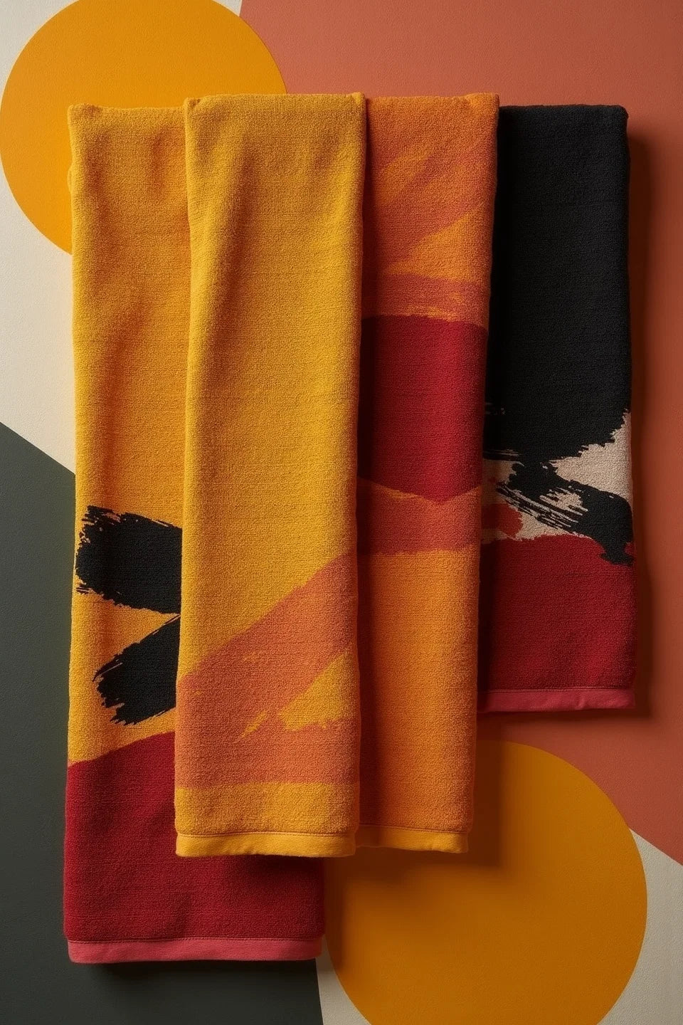 Modern Geometric Bathroom Set | Gold & Red Abstract Shower Curtain | Bold Afro-Inspired Bath Décor - Square Towel 13“x13” – L535221