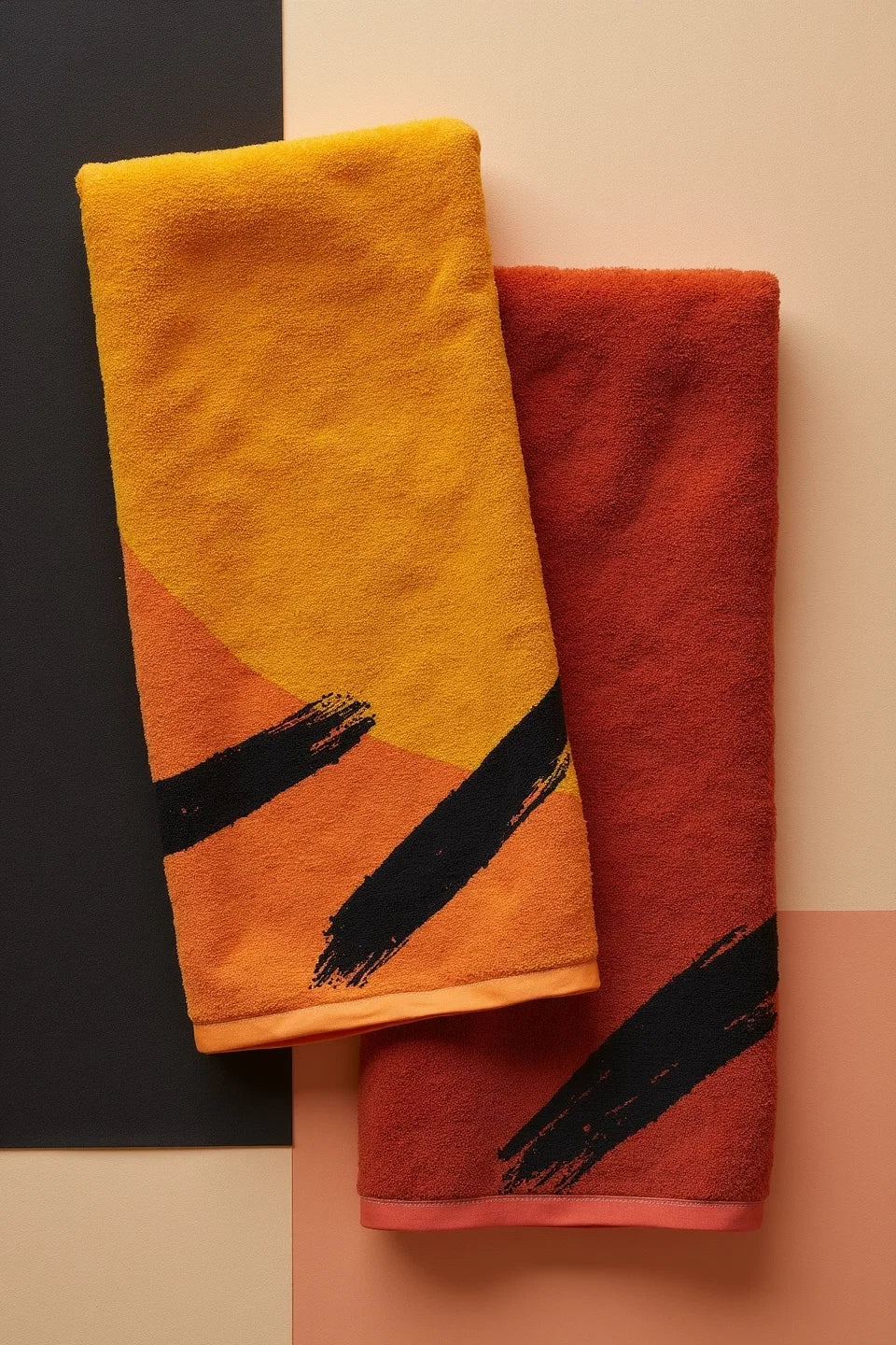 Modern Geometric Bathroom Set | Gold & Red Abstract Shower Curtain | Bold Afro-Inspired Bath Décor - Square Towel 13“x13” – L539328
