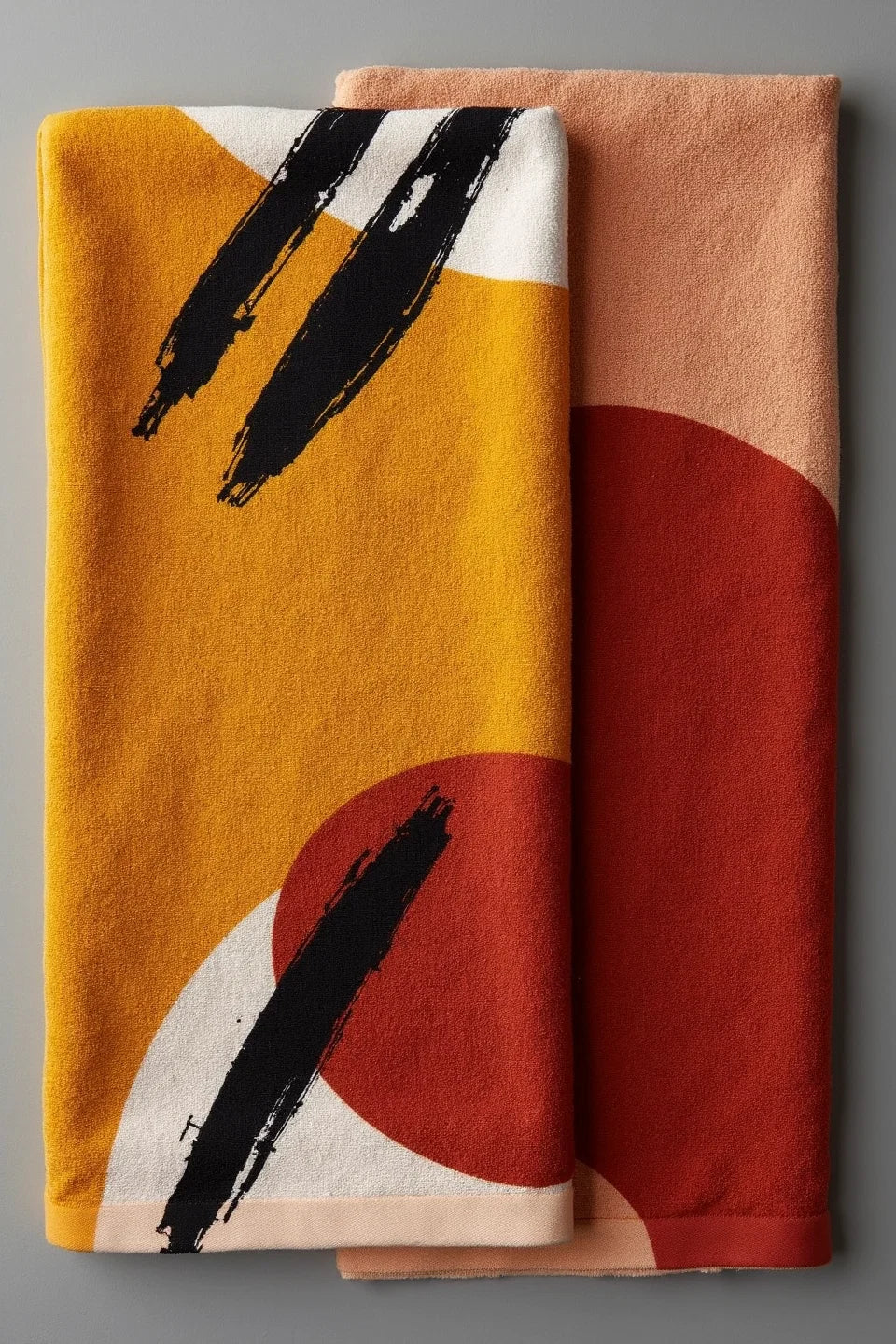 Modern Geometric Bathroom Set | Gold & Red Abstract Shower Curtain | Bold Afro-Inspired Bath Décor - Square Towel 13“x13” – L588321