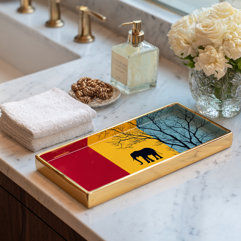 Elephant Art Shower Curtain & Bathroom Decor Set – Bold African Inspired Wildlife, Floral Jungle Theme, Elegant Boho Bathroom Accessories - Bath Rug 20''x 32'' - D654114
