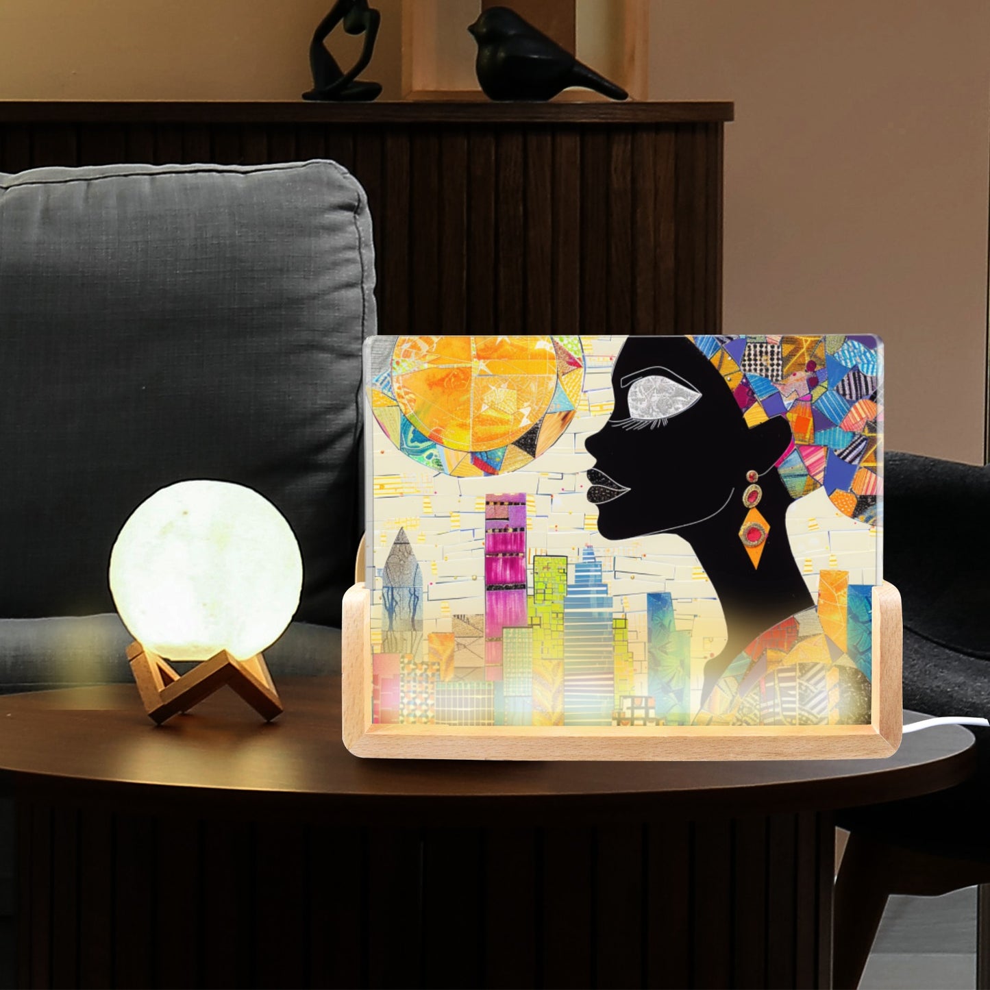 Acrylic Photo Night Light  - Black Girl Art - Velvet's View - Urban Elegance - Illuminated in Color Collection - 8"x6"(U-Shaped Beech Base)