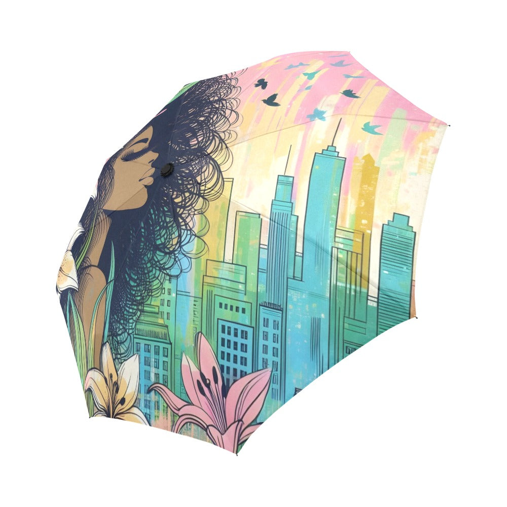 .Urban Blossoms: Vibrant Cityscapes and Floral Dreams – Collection - Auto-Foldable Umbrella (Model U04) - #2015