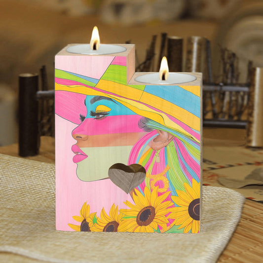 Wooden Candle Holder - Velvet's View - Sunflower Dreams - A Vibrant Digital Art Collection - (Without Candle)