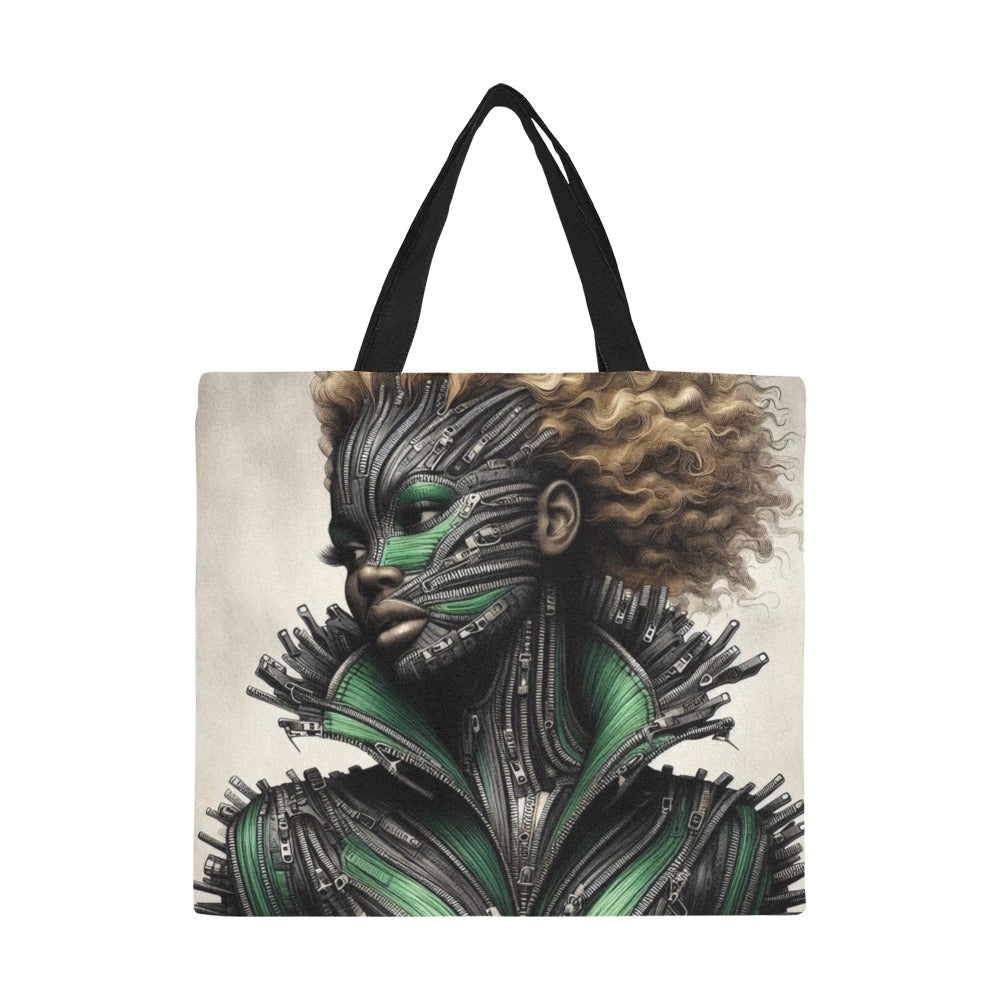 All Over Print Canvas Tote Bag/Large - Velvet's View - Mechanical Muse - The Fusion of Fashion and Futurism - (Model 1699)