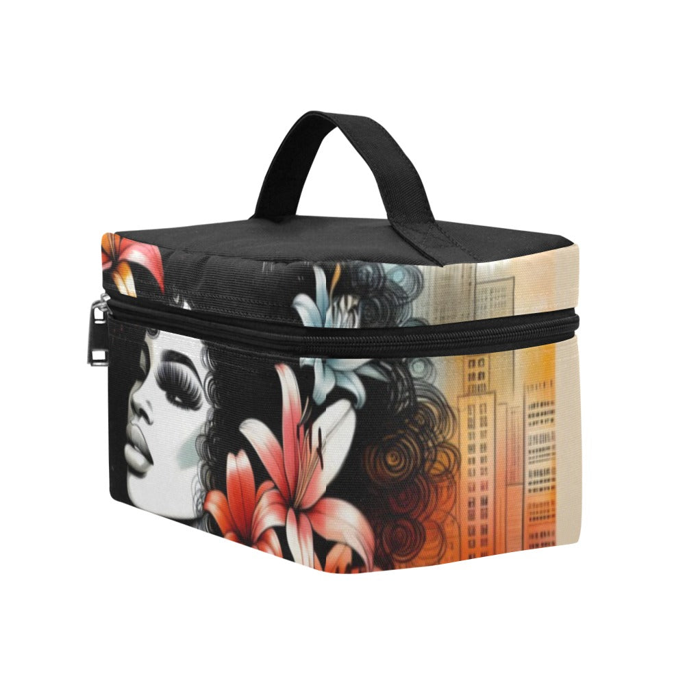 Cosmetic Bag/Large - Velvet's View - Urban Blossoms - Vibrant Cityscapes and Floral Dreams Collection - (Model 1658)