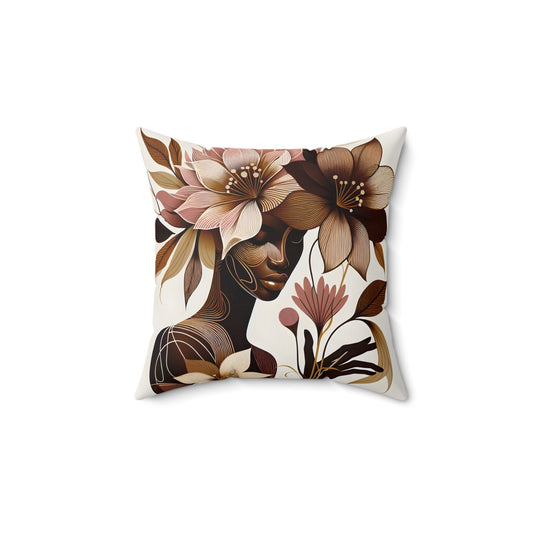 Spun Polyester Square Pillow  - Black Girl Art - Velvet's View - Floral Whispers Collection -