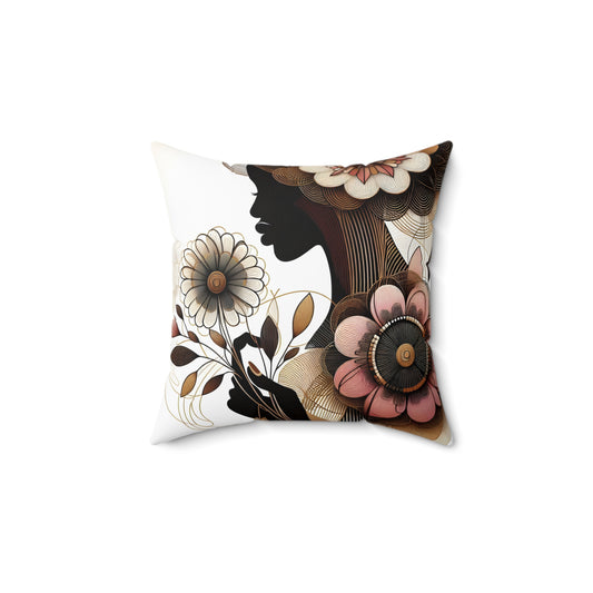 Spun Polyester Square Pillow  - Black Girl Art - Velvet's View - Floral Whispers Collection -