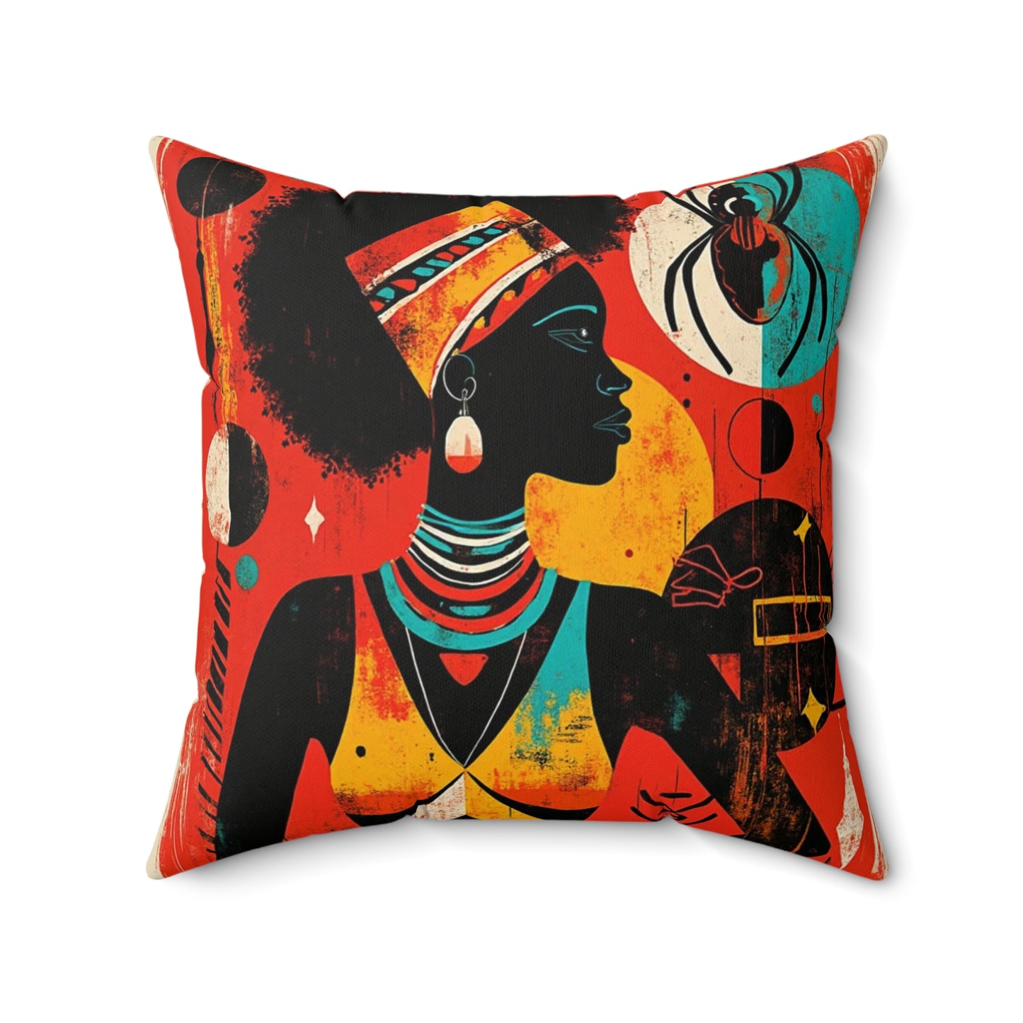 Spun Polyester Square Pillow - Black Girl Art - Velvet's View - Tribal Harmony - Red and Black Tribal Patterns –