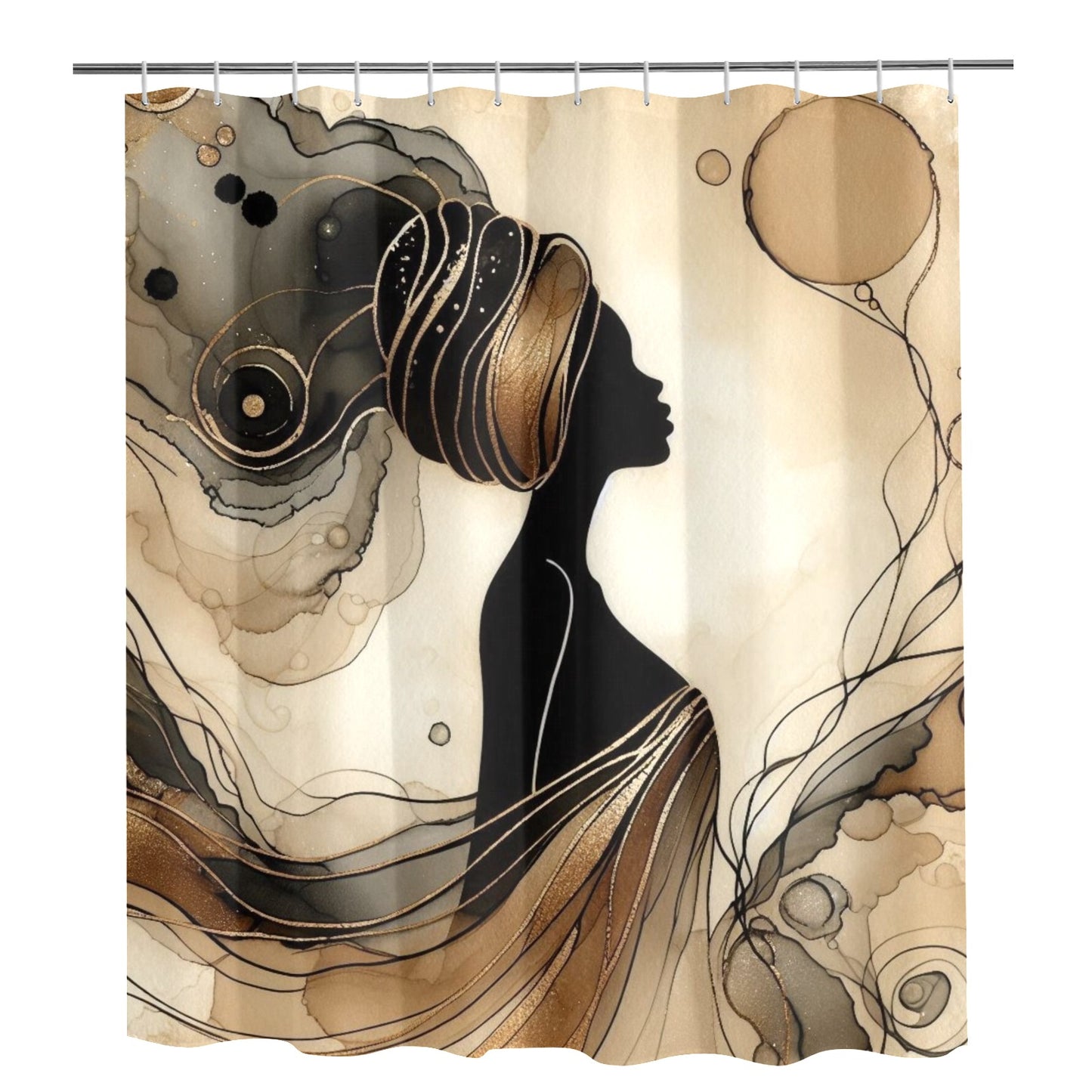 Golden Grace: Afro Silhouette Shower Curtain Collection – Luxury Black Woman Art for Modern Bathrooms - 26234410
