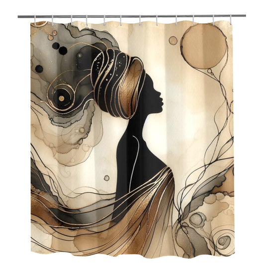 Golden Grace: Afro Silhouette Shower Curtain Collection – Luxury Black Woman Art for Modern Bathrooms - 26234410