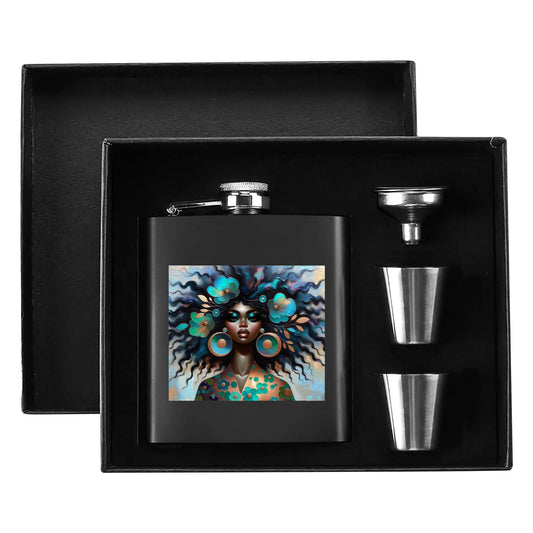 Hip Flask Set 7oz Black Stainless Steel with A Gift Box - Velvet's View - Bold & Beautiful - Afrocentric Digital Art Collection