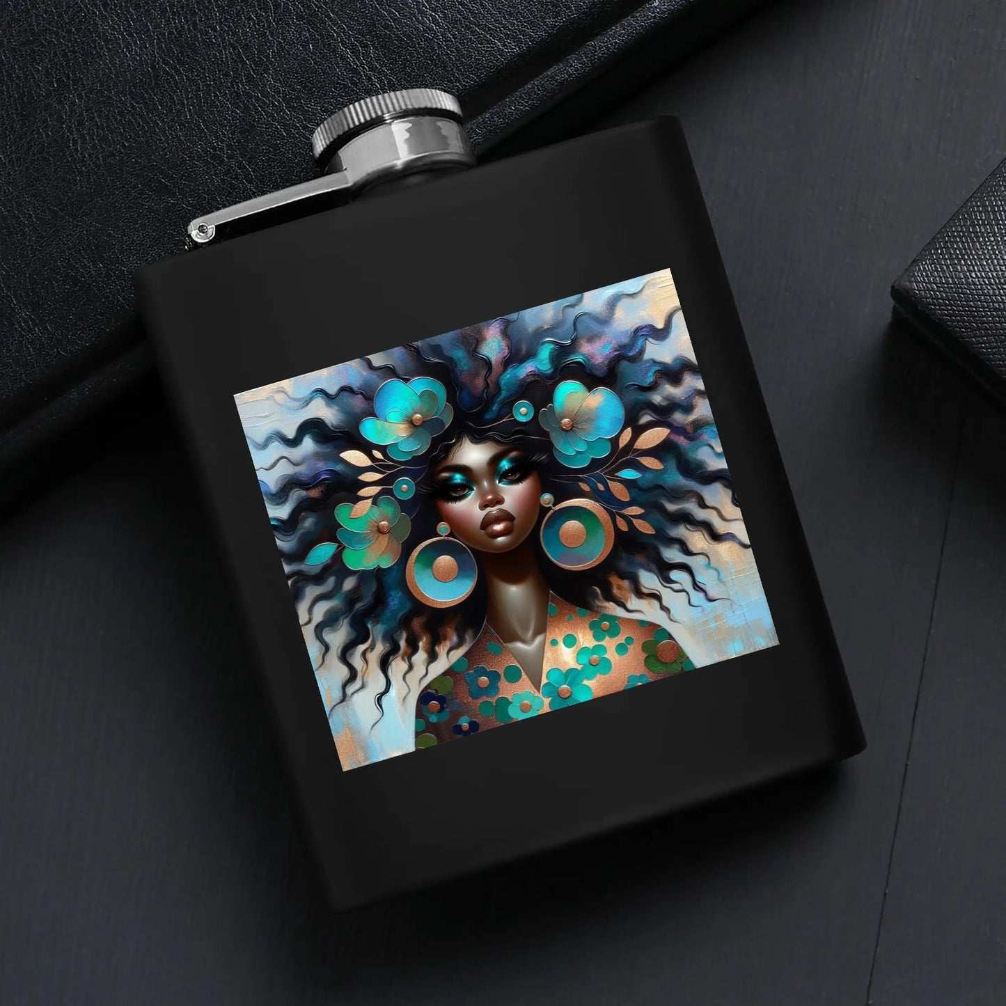 Hip Flask Set 7oz Black Stainless Steel with A Gift Box - Velvet's View - Bold & Beautiful - Afrocentric Digital Art Collection