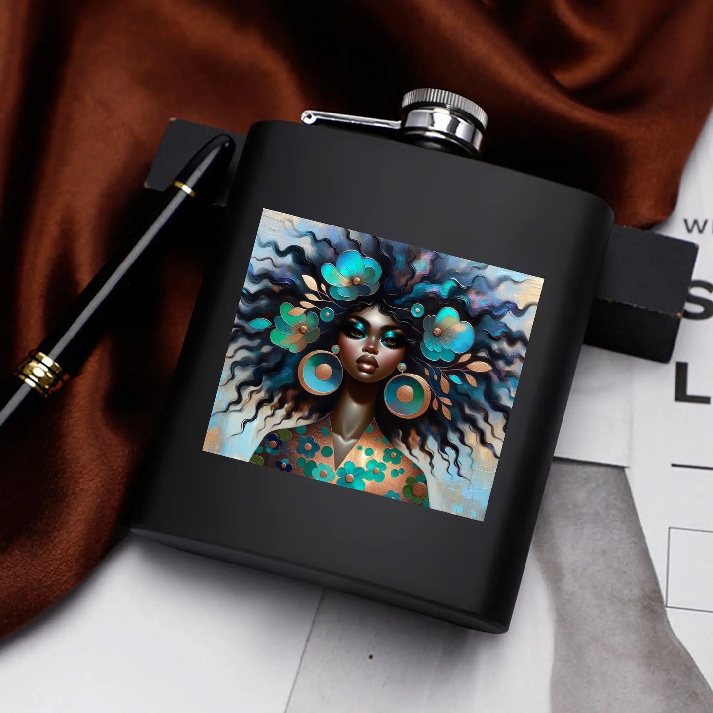 Hip Flask Set 7oz Black Stainless Steel with A Gift Box - Velvet's View - Bold & Beautiful - Afrocentric Digital Art Collection