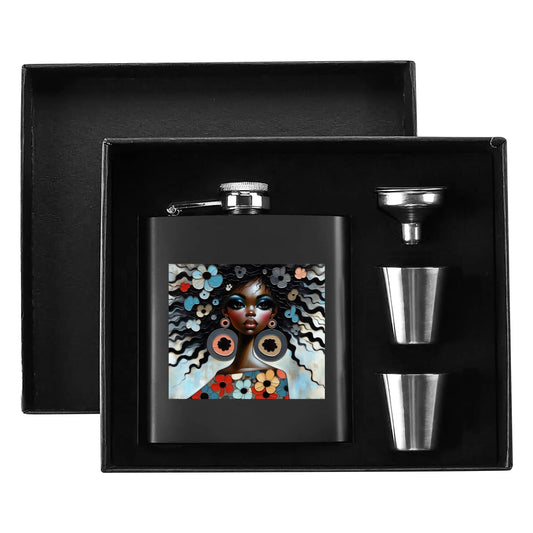 Hip Flask Set 7oz Black Stainless Steel with A Gift Box - Velvet's View - Bold & Beautiful - Afrocentric Digital Art Collection