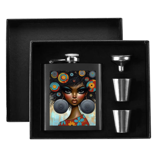 Hip Flask Set 7oz Black Stainless Steel with A Gift Box - Velvet's View - Bold & Beautiful - Afrocentric Digital Art Collection
