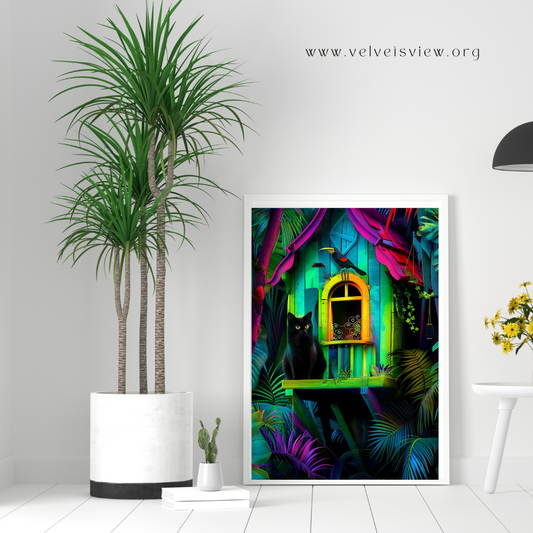 Black Girl Art - Velvet's View Digital Art - Whimsical Jungle Retreat: Enchanted Cat Abode