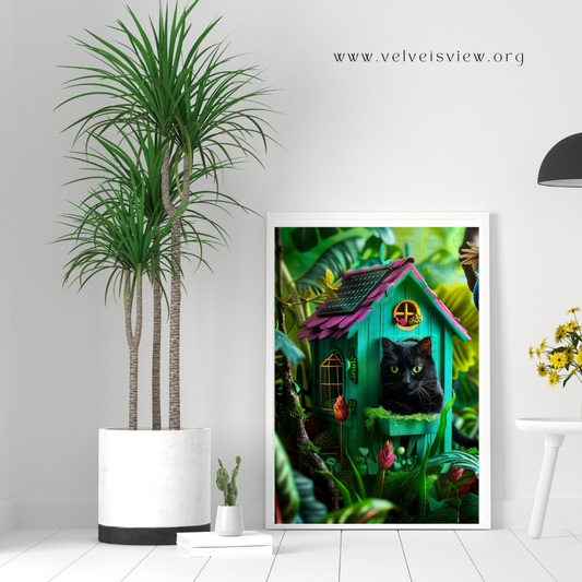 Black Girl Art - Velvet's View Digital Art - Whimsical Jungle Retreat: Enchanted Cat Abode