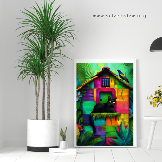 Black Girl Art - Velvet's View Digital Art - Whimsical Jungle Retreat: Enchanted Cat Abode