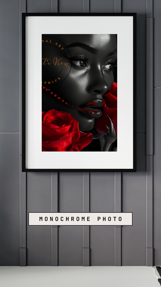 Black Girl Art – Female Digital Prints - Velvet's View – Crimson Mystique: A Monochromatic Romance