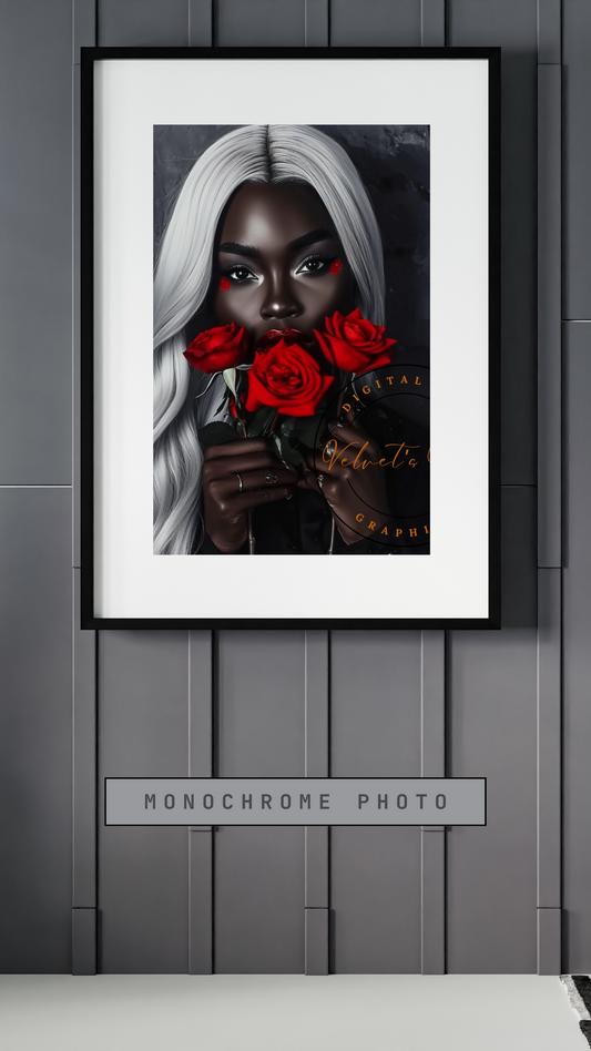 Black Girl Art – Female Digital Prints - Velvet's View – Crimson Mystique: A Monochromatic Romance