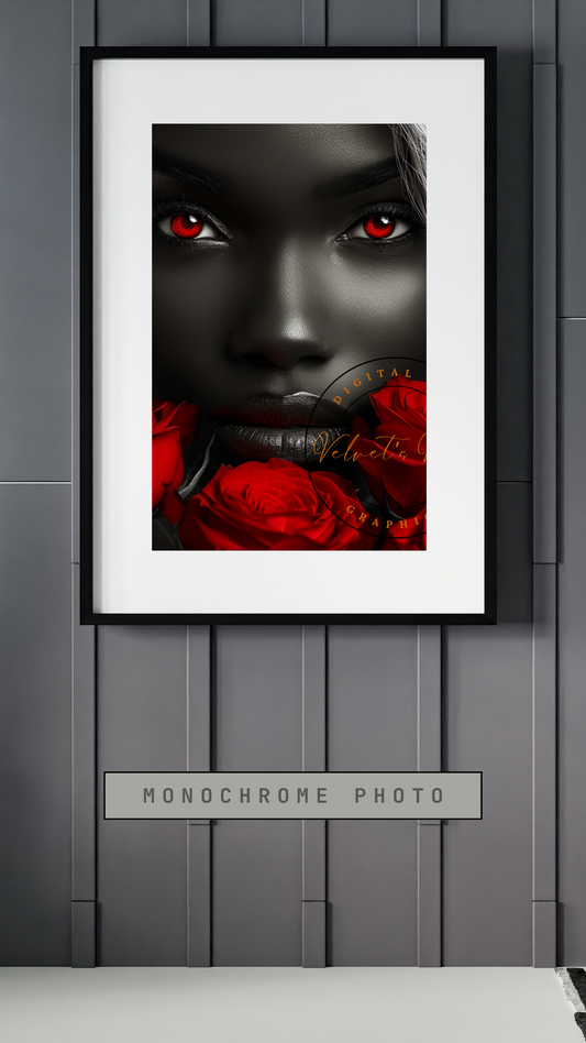 Black Girl Art – Female Digital Prints - Velvet's View – Crimson Mystique: A Monochromatic Romance