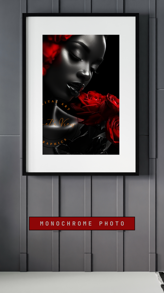 Black Girl Art – Female Digital Prints - Velvet's View – Crimson Mystique: A Monochromatic Romance