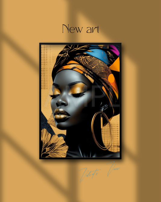 Abstract Silence: Golden Harmony in Profile – Afro-Minimalist Digital Art Print by Velvet’s View - 2115o9u