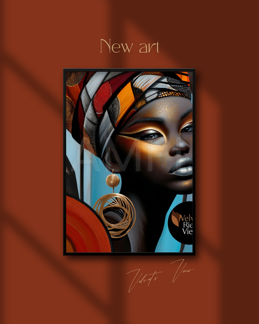 Abstract Silence: Golden Harmony in Profile – Afro-Minimalist Digital Art Print by Velvet’s View - 2115o951