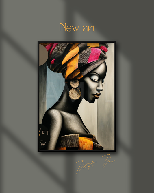 Abstract Silence: Golden Harmony in Profile – Afro-Minimalist Digital Art Print by Velvet’s View - 2115o265