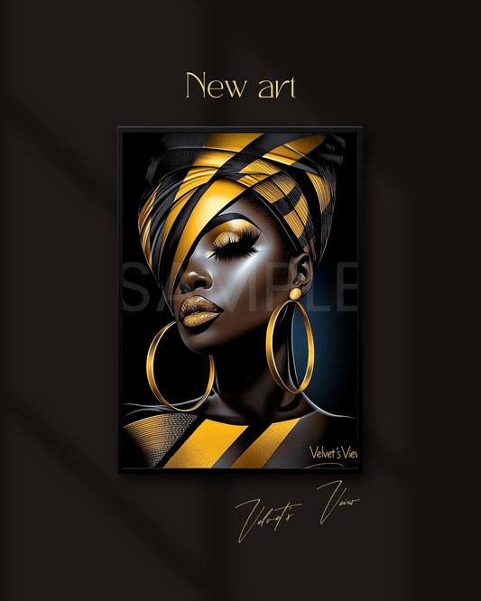 Abstract Silence: Golden Harmony in Profile – Afro-Minimalist Digital Art Print by Velvet’s View - 2115841ki