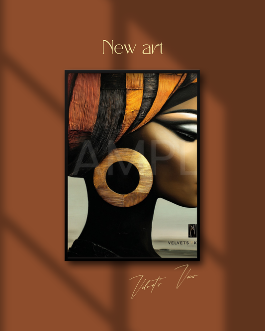 Abstract Silence: Golden Harmony in Profile – Afro-Minimalist Digital Art Print by Velvet’s View - 21158445